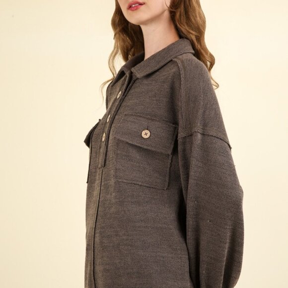 VERY J Charcoal Collared Half Button Knit Top with Pockets - Picture 2 of 7